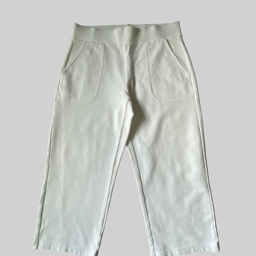 T-Talbots White Pima Cotton Modal Blend Pull On Stretch Lounge Capri Pants-Sz-SP